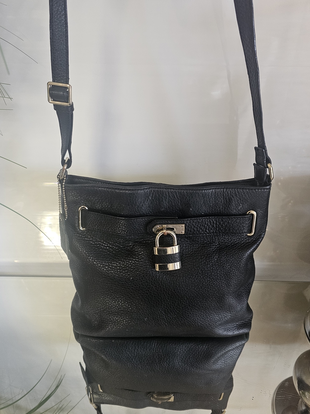 Danier Black Leather Crossbody with Gold Padlock Accent